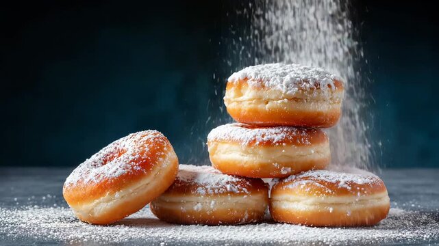 Fresh stack of delicious donuts covered with powdered sugar on dark background with falling sugar effect