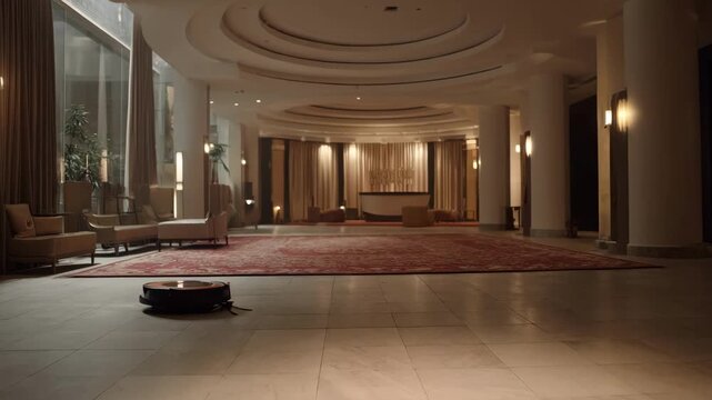 Medium shot capturing the robotic cleaner as it methodically covers a large conference center lobby highlighting its advanced sensors and adaptive movement