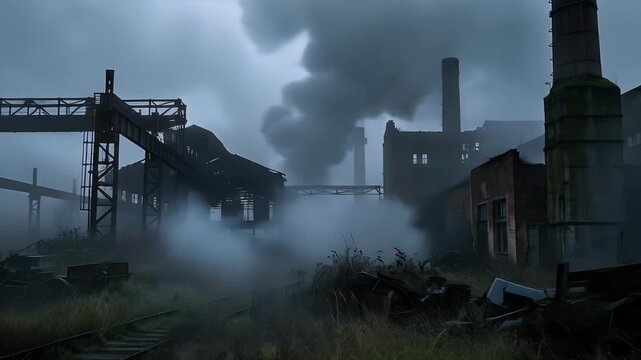 Abandoned Industrial Factory with Smoke and Overgrowth.