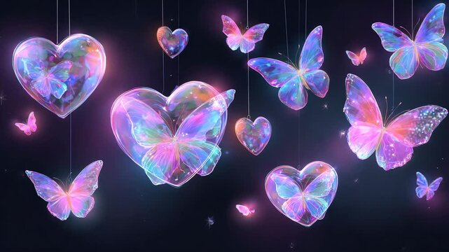 Glowing iridescent hearts and butterflies floating on dark dreamy background with soft sparkles and shimmer