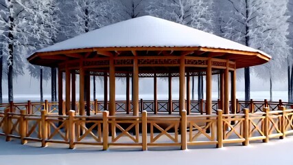 A digital rendering of a serene winter landscape featuring a wooden gazebo surrounded by snowcovered trees and a calm body of water.