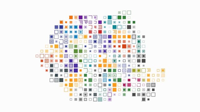 Romania animated country shape. Pulsating colored dots on the map of the country. Large size square blocks. Digital style Romania map on white background. Trending animation video.