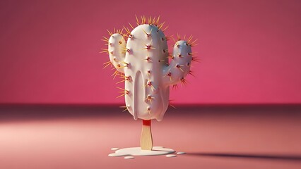 White cactus melting on red background with orange spines