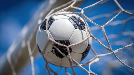 Naklejka premium Soccer ball inside net against blue sky in close up