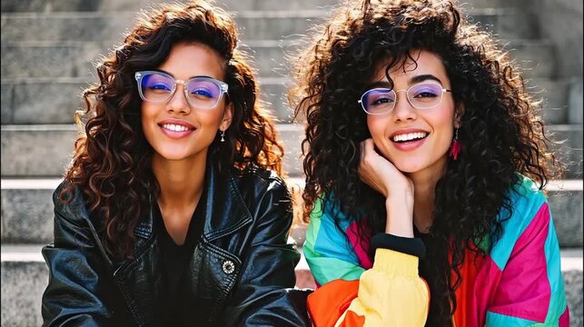 Two women with curly hair and glasses