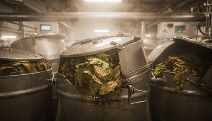 Medium shot of large drums softly steaming while fresh tobacco leaves are moisturized highlighting the gentle humidification process in industrial leaf conditioning.
