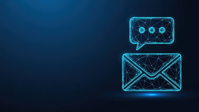 Digital communication icons for email and messaging presented in a futuristic geometric wireframe style on a dark blue background
