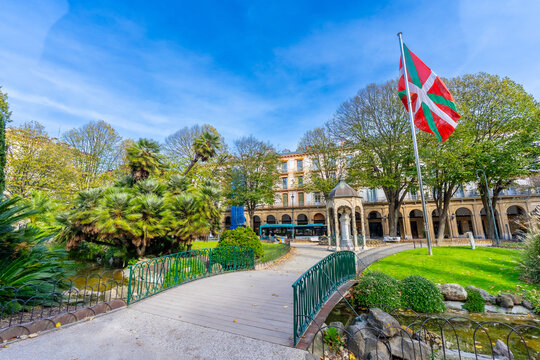 Gipuzkoa plaza park in san sebastian with ikurrina flag