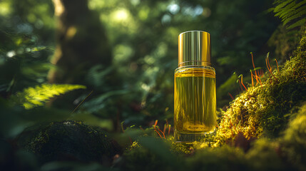 Nature's Essence: A fragrance bottle sits amidst a vibrant woodland, symbolizing natural beauty, freshness, and the allure of scents.