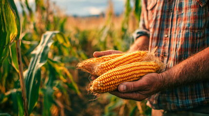 farmer holds freshly picked ears of ripe corn in his hands, standing amidst a sunlit cornfield, symbolizing a successful autumn harvest and rural labor