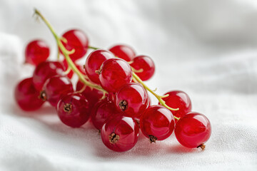 cluster of red currants rests on soft white fabric, showcasing their glossy skin, bright color, and fresh-picked ripeness in a clean, minimal setting