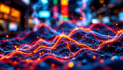 Abstract Energy Waves: An eye-catching abstract representation of dynamic energy waves, radiating vibrant colors across a blurred background, suggesting a digital or technological realm.