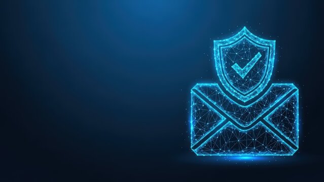 Digital email security and protection concept illustrated with a glowing blue wireframe envelope and shield with a checkmark against a dark abstract background