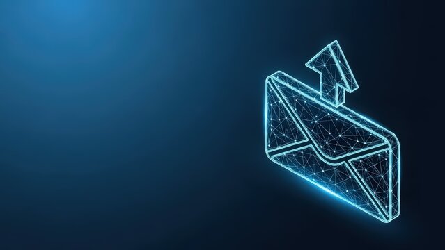 Digital email sending icon with glowing blue polygon mesh on dark background