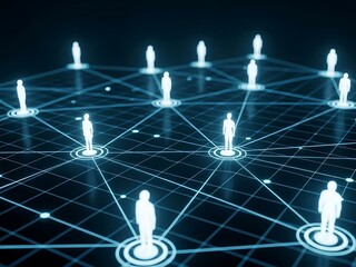 Network of people connected by glowing blue lines on a dark background