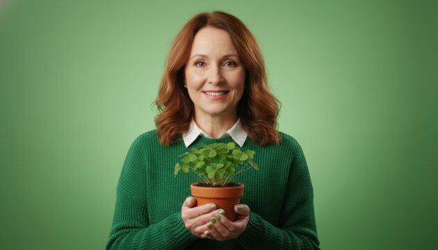 Caucasian mature female holding potted plant against green background