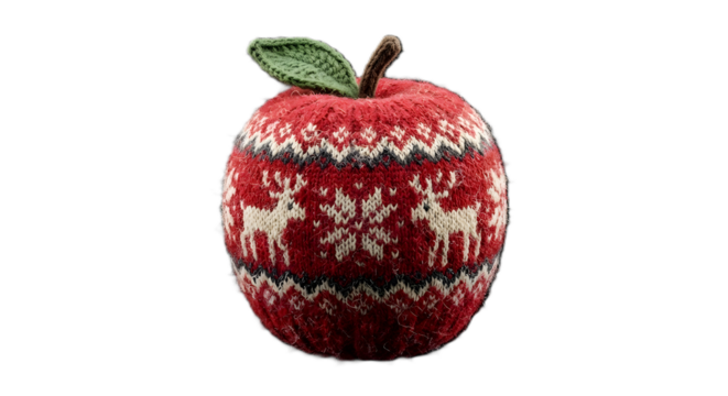 Decorative red apple object wrapped in knitted fabric with reindeer motifs isolated on transparent checkerboard background - Powered by Adobe