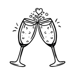 Two champagne glasses clinking in a toast with small hearts hand drawn doodle