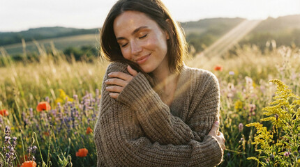 Peaceful young Caucasian woman with closed eyes hugging herself on blooming summer wildflower meadow at sunset for mental health self-love and organic fashion concept
