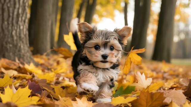 Adorable morkie puppy plays happily among colorful autumn leaves forest