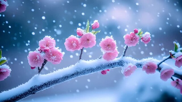 Spring booming. Life. New hope. Season. A closeup of a branch covered in snow with pink blossoms. The background is a gradient of blue.