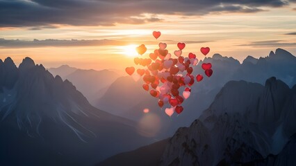 Naklejka premium Love and celebration with romantic balloon release. Valentines day and kindness concept. Group of red heart shaped balloons floating over misty mountain peaks during a golden sunrise