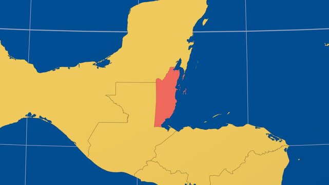 Belize on Globe. Animated zoom into the country in Ocean Blue Golden Yellow color palette. Belize logo animation. Map with meridians, parallels. Classic video.