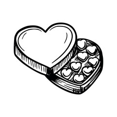 Heart shaped box of chocolates or candies hand drawn black and white doodle