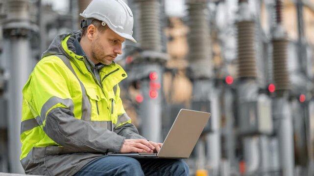 Specialist reviewing diagnostic reports on a laptop utilizing digital twin modeling to monitor tower health and maintenance needs.