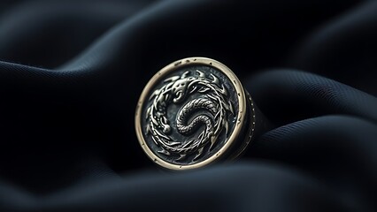 ouroboros. Ancient silver ring with a dragon ouroboros engraved on dark silk. event programs, museum guides, designed for cultural heritage projects and event programs, preserves heritage.