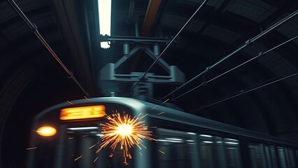 pantograph. Train's pantograph sliding against wires in dark tunnel with motion blur and sparks. mobility guides, transit brochures, designed for transport & logistics marketing.