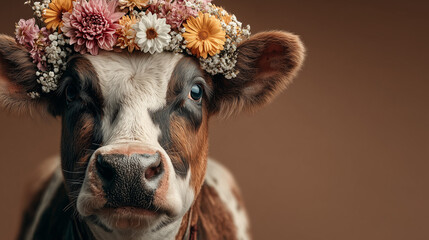 Portrait of a cow wearing a floral wreath on brown background, studio photography, cute rustic farm concept.
