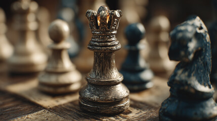 Chess queen close-up on board symbolizing strategy, leadership and victory, artistic lighting, shallow depth of field.
