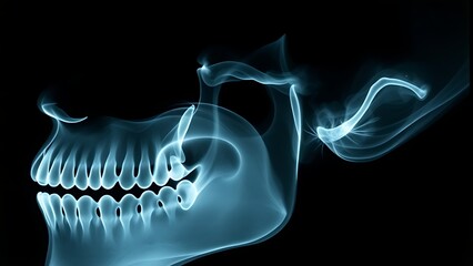 maxillary. An X-ray film showing the bone outline of the maxillary region against a black background. STEM education sheets, lab safety posters, designed for biotech research communications.
