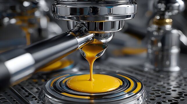 Close-up shot focusing on fresh espresso pou from a professional espresso machine, creating a creamy, rich, golden liquid in a cup.