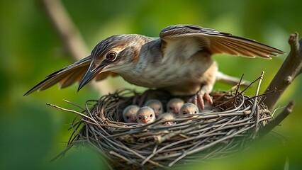 featherless. A mother bird with her wings spread, sheltering her baby birds. wildlife magazines, conservation campaigns, designed for wildlife conservation campaigns, used by presentation designers.