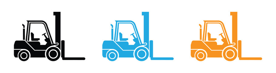 Fototapeta premium Forklift icons in colors for industrial use. Forklift black icon isolated on white backrgound.