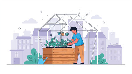  City agriculture and urban farming illustration set with characters planting and gardening in an urban environment.. © Utpol