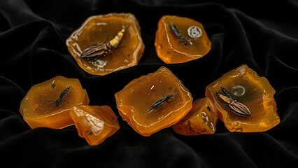 copal. Several raw amber copal resin pieces on black velvet with ancient inclusions. gardening catalogs, home-decor guides, designed for home decor and floral branding, used by video editors.