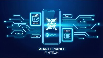 Smartphone mobile payment QR code scanner confirming payment with digital wallet, transaction history and send buttons in neon fintech finance circuit interface - Powered by Adobe