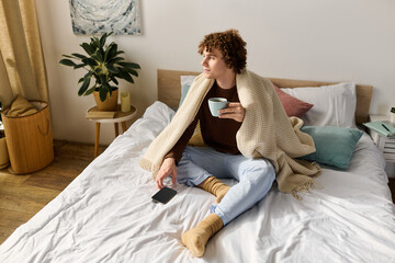 Curly teenager enjoys a cozy morning in his bedroom at a modern apartment