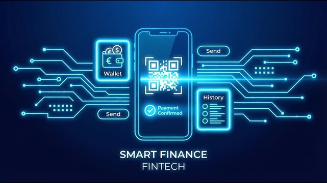 Smartphone mobile payment QR code scanner confirming payment with digital wallet, transaction history and send buttons in neon fintech finance circuit interface