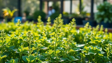 lovage. Lush lovage plants growing in an herb garden during the soft morning light. gardening catalogs, home-decor guides, designed for home decor and floral branding, promotes healthy living.
