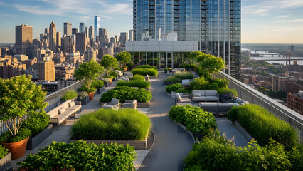Fototapeta premium Lush green rooftop terrace with seating areas and a panoramic view of the city skyline