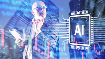 Financial technology, business analyst uses tablet while AI chip processes market data and trading charts, supporting automated analytics, forecasting and investment decisions.