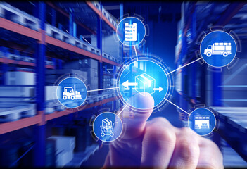 Smart logistics interface in warehouse shows digital icons for shipping, inventory and transport, supporting supply chain management, tracking and fulfillment automation.