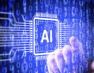 Futuristic AI microchip with binary code and human touch, symbolizing artificial intelligence, data processing, machine learning and digital transformation.