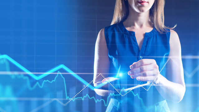 Financial analytics, businesswoman uses touch interface to adjust digital stock charts and market trends, supporting investment analysis, trading strategy and data driven decisions. - Powered by Adobe