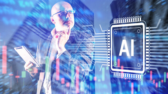 Financial technology, business analyst uses tablet while AI chip processes market data and trading charts, supporting automated analytics, forecasting and investment decisions. - Powered by Adobe