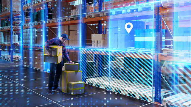 Warehouse automation, logistics worker handles packages inside smart storage system with digital tracking, supporting inventory control, order picking and supply chain optimization.